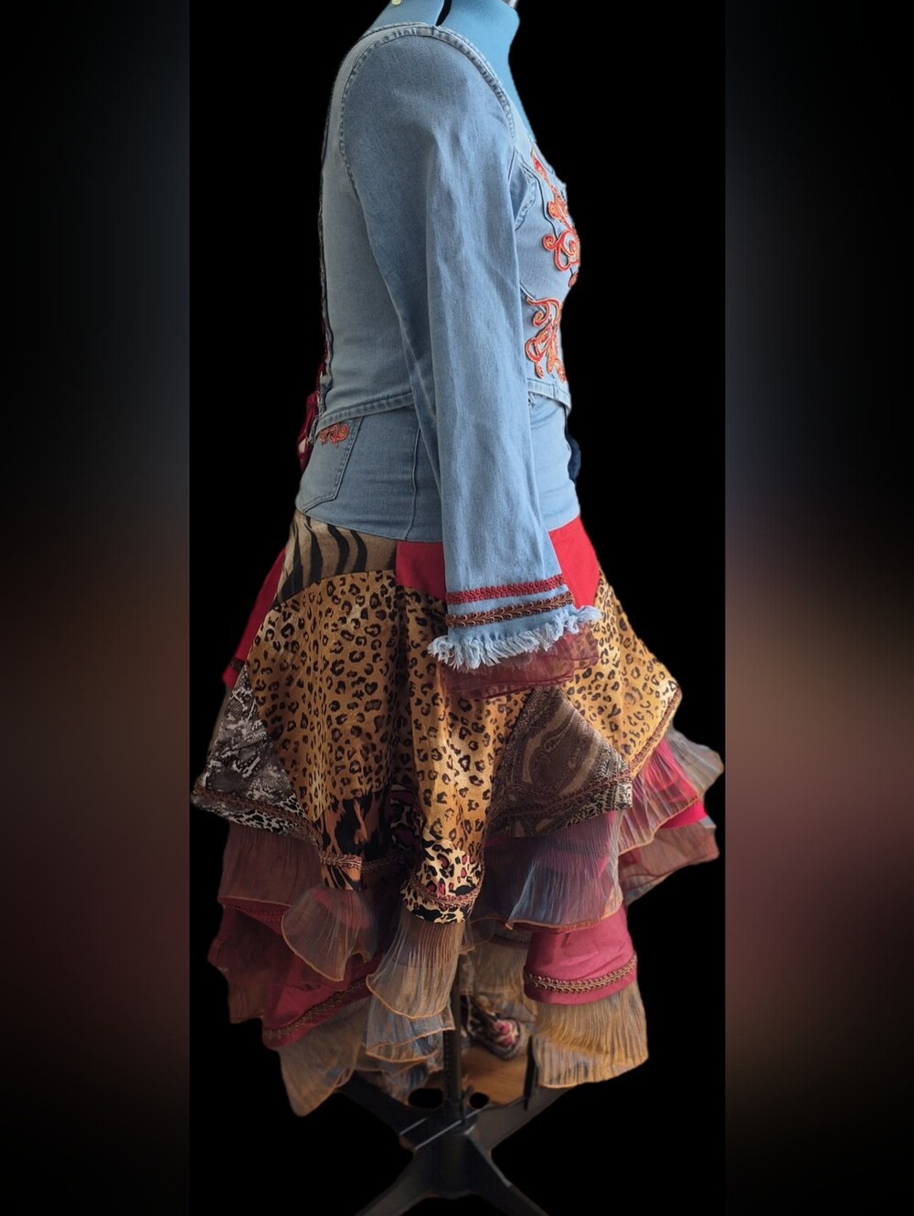 Upcycled Patchwork Asymmetrical Skirt, DenimTop & Cutch in Red and Animal Prints - Picture 3 of 16